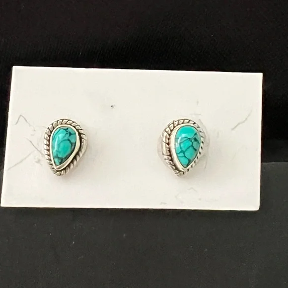 925 Silver and Natural Turquoise Teardrop Earrings - Picture 2 of 3